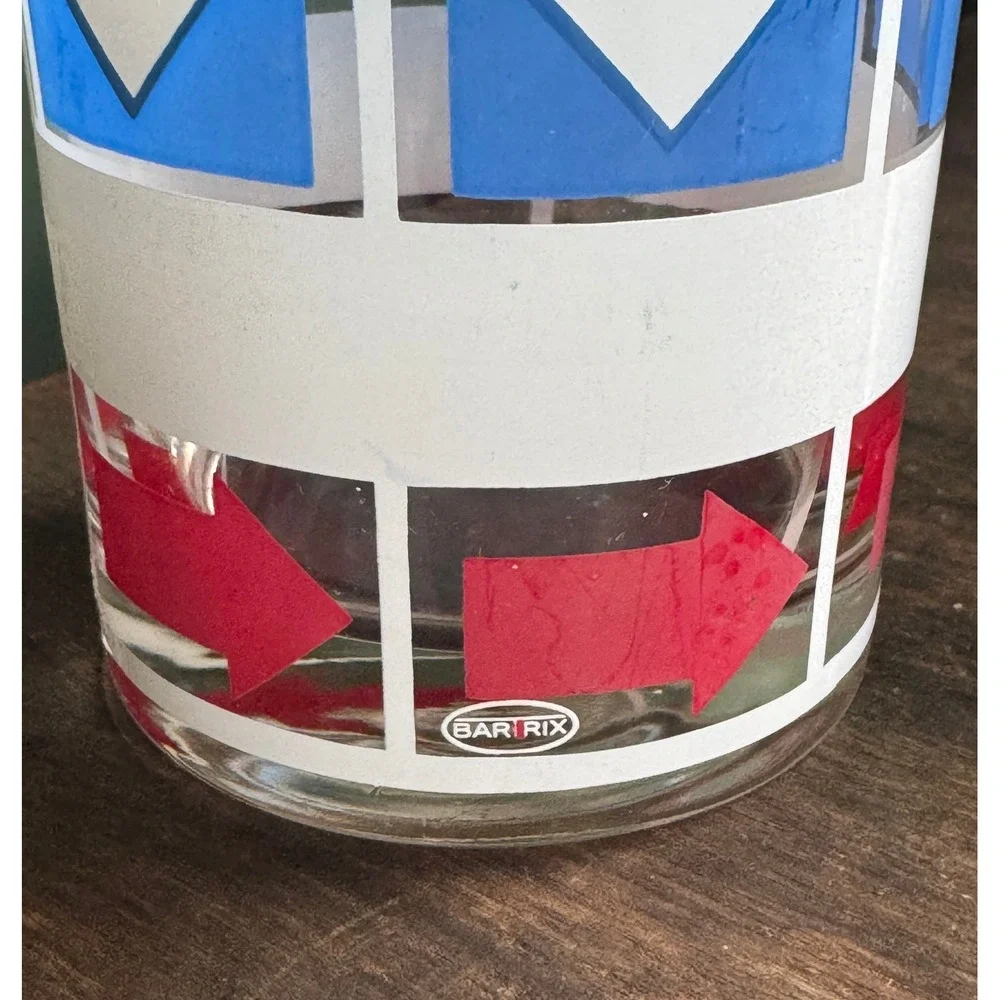 Vintage Bar-Trix Arrow Rocks Glasses Set of 4 Red Blue MCM Lowball Tumblers